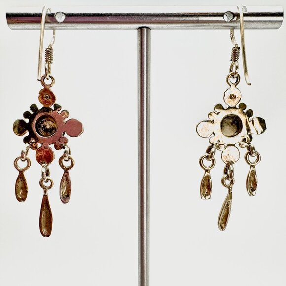 VTG Solid Sterling Silver 925 White Gemstone Dangle Earrings Size 2" Length - Picture 5 of 12